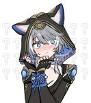  1girl ? ?? @_@ animal_ears animal_hood black_hood blush bound bound_wrists breasts cat_ears cat_girl cat_hood cipher_(honkai:_star_rail) commentary_request confused ears_through_hood embarrassed flustered grey_hair haruo_(haruooimo) highres honkai:_star_rail honkai_(series) hood hooded_leotard mole mole_on_chest nervous_sweating short_hair simple_background sweat sweatdrop twitter_username white_background 