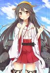  bad_id bad_pixiv_id black_hair brown_eyes detached_sleeves finger_to_mouth hair_ornament hairband hairclip haruna_(kantai_collection) kantai_collection long_hair looking_at_viewer machinery nontraditional_miko pleated_skirt ribbon-trimmed_sleeves ribbon_trim sasahara_wakaba skirt solo turret 