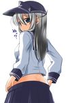  ass blue_eyes commentary_request flat_cap hat hibiki_(kantai_collection) highres kantai_collection long_hair long_sleeves nishi_koutarou school_uniform serafuku shirt silver_hair simple_background skirt skirt_pull solo undressing white_background 