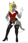  acethebigbadwolf anthro bellatrix belt blonde_hair blue_eyes breasts canine cleavage clothed clothing corset dog female flames hair heels husky legwear mammal plain_background smile standing thigh_highs thong 