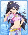  :d aqua_eyes artist_request belt black_hair bracelet fang ganaha_hibiki hand_on_hip idolmaster idolmaster_(classic) idolmaster_million_live! jewelry long_hair looking_at_viewer midriff million_dreams navel official_art open_mouth pointing pointing_at_self ponytail smile solo v-shaped_eyebrows 