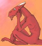  anthro dragon facial_hair goatee gradient_background grey_eyes human_hands male nude orange_background plain_background pointy_ears red_skin red_theme ribs sitting solo tark thinking white_horns white_sclera worried 