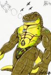  abs biceps big_muscles birds bulge camo_print dinosaur dog_tags fabfelipe fangs grin looking_at_viewer male muscles pecs plain_background scalie solo speedo swimsuit tattoo teeth thong tyrannosaurus_rex white_background 