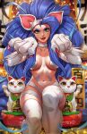 2023 abstract_background animal_humanoid bell big_hands blue_hair breasts capcom claws clothing coin collarbone convenient_censorship cute_fangs darkstalkers derrickchewart detailed_background eyebrows fangs felicia_(darkstalkers) felid felid_humanoid feline feline_humanoid female flowing_hair front_view fur gold_bell green_clothing grin hair hi_res huge_hair huge_hands humanoid japanese_text light_body light_skin long_hair looking_at_viewer mammal mammal_humanoid maneki-neko markings medial navel nude open_mouth pillow portrait raised_hands raised_knee red_claws sculpture shaded sign signature sitting smile soft_shading solo statue straight_hair teal_eyes teeth text thick_eyebrows three-quarter_portrait tongue ventral_groove whisker_markings white_body white_fur wide_hips
