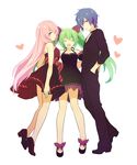  2girls acute_(vocaloid) akiyoshi_(tama-pete) bare_shoulders black_dress blue_eyes blue_hair bow choker closed_eyes dress gradient_hair green_hair guilty_(module) hair_bow halter_dress halterneck hand_in_pocket hatsune_miku kaito long_hair megurine_luka multicolored_hair multiple_girls nail_polish pink_hair project_diva_(series) project_diva_f purple_hair sandwiched sash short_dress sleeveless sleeveless_dress striped very_long_hair vocaloid 