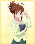  adjusting_eyewear akizuki_ritsuko antenna_hair artist_request brown_eyes brown_hair dress_shirt folded_ponytail glasses hair_bun hand_on_eyewear holding idolmaster idolmaster_(classic) idolmaster_million_live! looking_at_viewer notebook official_art shirt smile solo 