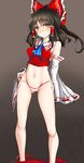  ascot bare_shoulders black_hair blush borderlands bow claptrap commentary_request detached_sleeves grey_background grey_eyes hair_bow hair_tubes hakurei_reimu navel no_pants panties shirt side-tie_panties skirt skirt_around_ankles solo stomach touhou underwear untied untied_panties when_you_see_it white_panties wide_sleeves zibun_owl 