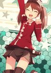  :d ^_^ arm_up bad_id bad_pixiv_id brown_hair brown_skirt clenched_hand closed_eyes furukawa_wanosuke japanese_clothes kantai_collection kariginu magatama open_mouth pleated_skirt ryuujou_(kantai_collection) skirt smile solo star twintails visor_cap 