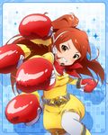  belt boxing_gloves brown_eyes brown_hair grin headset idol_heroes_(idolmaster) idolmaster idolmaster_million_live! long_hair looking_at_viewer official_art one_side_up oogami_tamaki pantyhose punching scarf smile solo 