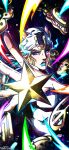  1boy absurdres artist_name battle_tendency beanie blonde_hair blue_eyes blue_lips english_commentary glowing hair_horns hat highres hood hood_down hoodie horse_print horseshoe_hat_ornament horseshoe_ornament johnny_joestar jojo_no_kimyou_na_bouken looking_at_viewer male_focus medium_hair noonvincent parted_lips peace_symbol phantom_blood red_stone_of_aja shirt solo star_(symbol) star_print steel_ball_run stone_mask_(jojo) teeth white_hat white_hoodie 