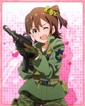  ;d aiming assault_rifle brown_hair gloves gun hair_ornament hairclip heckler_&amp;_koch hk416 idolmaster idolmaster_million_live! kasuga_mirai looking_at_viewer military military_uniform official_art one_eye_closed one_side_up open_mouth rifle scrunchie smile solo uniform v-shaped_eyebrows weapon 