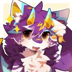  1:1 2026 2_horns 4_fingers anthro black_outline blue_markings blush blush_lines border bust_portrait cel_shading chest_tuft cute_fangs digital_drawing_(artwork) digital_media_(artwork) dragon dragon_horn fangs fingers fur furred_dragon furred_scalie hi_res hlg7777 horn inner_ear_fluff kemono looking_at_viewer male markings multicolored_body multicolored_fur mythological_creature mythological_scalie mythology open_mouth open_smile outline pawpads paws portrait purple_body purple_fur scalie shaded simple_background smile smiling_at_viewer solo sparkles tan_background teeth tuft white_body white_border white_fur yellow_eyes yellow_pawpads 