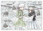  2girls alternate_costume belt black_coat black_eyes black_hair black_hat blonde_hair blue_eyes blue_skirt blush_stickers brown_belt check_commentary closed_mouth coat collared_shirt commentary_request driving french_text green_coat green_skirt hat headphones highres holding holding_map house long_sleeves map maribel_hearn military_vehicle mob_cap motor_vehicle multiple_girls necktie no_mouth pointing railroad_tracks red_necktie road_sign shirt short_hair sign skirt tank tataragawa_daini touhou tree usami_renko vehicle_request white_hat white_shirt world_war_ii 