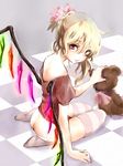  alternate_costume arm_support ass blonde_hair bow checkered checkered_floor flandre_scarlet floor flower from_behind hair_between_eyes hair_bow hair_flower hair_ornament hi-yo lips looking_at_viewer looking_back lowleg lowleg_panties panties parted_lips red_eyes red_shirt shirt short_hair side_ponytail sitting solo stuffed_animal stuffed_toy teddy_bear thighhighs thighs tile_floor tiles touhou underwear wavy_hair yokozuwari 