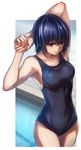 amagami arm_up arms_behind_head bangs blue_hair blue_swimsuit blurry blurry_background breasts collarbone company_name competition_swimsuit covered_navel cowboy_shot eyebrows_visible_through_hair from_above highres looking_away nanasaki_ai one-piece_swimsuit pool purple_eyes shiny shiny_skin short_hair solo standing stretch swimsuit todee 