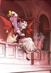  arcade_(architecture) ascot back-to-back bad_id bad_pixiv_id bat_wings blonde_hair brooch crescent dress hat jewelry mary_janes mob_cap multiple_girls patchouli_knowledge puffy_short_sleeves puffy_sleeves purple_hair red_eyes remilia_scarlet sash shoes short_sleeves silver_hair sitting touhou white_dress wings wrist_cuffs yakumo_yukari yuki_(popopo) 