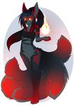  2014 aimi anthro black_nose breasts canine female fire fox fur glowing glowing_eyes hair heterochromia long_hair mammal plain_background solo standing white_background 