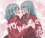  2girls aqua_hair bang_dream! bang_dream!_girls_band_party! blush commentary_request dated extreme_yuri_buta happy_birthday highres hikawa_hina hikawa_sayo holding_hands long_hair medium_hair multiple_girls open_mouth red_sweater siblings sisters sweater twins 