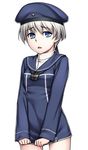  blue_eyes blush breasts clothes_writing dress dress_tug h_kasei hat kantai_collection looking_at_viewer open_mouth sailor_dress sailor_hat short_hair silver_hair small_breasts solo z1_leberecht_maass_(kantai_collection) 