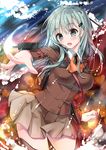  :o blazer blush breasts brown_legwear brown_skirt cannon foam green_eyes green_hair hair_ornament hairclip jacket kantai_collection kino_(kino_konomi) large_breasts long_hair long_sleeves open_mouth outstretched_arms pleated_skirt skirt solo standing suzuya_(kantai_collection) thighhighs turret uniform zettai_ryouiki 