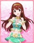  :d armlet artist_request bracelet brown_eyes brown_hair fingerless_gloves gloves hairband heart idolmaster idolmaster_million_live! jewelry long_hair looking_at_viewer million_dreams official_art open_mouth pink_background single_glove skirt smile solo tanaka_kotoha 