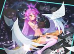  1girl angel_wings asymmetrical_legwear book breasts feathered_wings halo jibril_(no_game_no_life) long_hair low_wings magic_circle midriff navel no_game_no_life pa_pa_jin pink_hair small_breasts smile solo white_wings wings yellow_eyes 