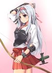  arrow bad_id bad_pixiv_id bow_(weapon) brown_eyes fish20107 gloves hakama_skirt headband japanese_clothes kantai_collection long_hair muneate partly_fingerless_gloves pleated_skirt red_skirt shoukaku_(kantai_collection) silver_hair skirt smile solo weapon yugake 