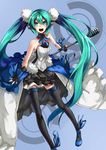  7th_dragon_(series) 7th_dragon_2020 bad_id bad_pixiv_id green_eyes green_hair hatsune_miku headphones highres long_hair microphone microphone_stand mixke open_mouth skirt solo thighhighs twintails very_long_hair vocaloid 