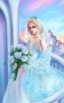  1girl blonde_hair blue_eyes bouquet crown cxonline disney dress elsa_(frozen) female flower frozen_(disney) makeup mountain mounting snowflakes veil wedding_dress 