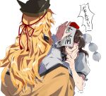  2girls anger_vein arm_up back black_bow black_bowtie black_hair black_hat blonde_hair blush bow bowtie brown_hat cape closed_eyes collared_shirt commentary_request fuuga_(perv_rsity) hair_between_eyes hands_up hat highres long_hair long_sleeves looking_at_another matara_okina multiple_girls open_mouth orange_cape paper pom_pom_(clothes) puffy_short_sleeves puffy_sleeves red_bow red_hat shameimaru_aya shirt short_hair short_sleeves simple_background tokin_hat touhou translated white_background white_shirt wide_sleeves 