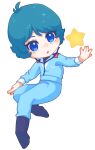  1boy :o absurdres aeug blue_boots blue_eyes blue_hair boots chibi commentary gundam highres kamille_bidan long_sleeves military_uniform open_mouth science_fiction short_hair simple_background solo star_(symbol) untranslatable_commentary white_background zeta_gundam 