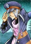  1boy belt black_coat black_hat brown_belt butternutsoop coat commentary english_commentary facial_hair goatee grey_eyes grey_hair hand_on_headwear hat highres ingo_(pokemon) long_sleeves male_focus night open_clothes open_coat outdoors pearl_clan_outfit pokemon pokemon_legends:_arceus short_hair sky solo star_(sky) starry_sky torn_clothes torn_coat torn_hat traditional_media tree upper_body 