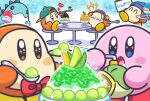  beanie blue_hat blush_stickers bow bowtie brain_freeze channel_ppp closed_eyes colored_skin commentary_request food hat heart holding holding_sketchbook holding_spoon ice_dragon_(kirby) ice_shaver kirby_(series) no_humans official_art orange_skin pitch_(kirby) red_bow red_bowtie shaved_ice sketchbook sparkle spoon table waddle_dee 