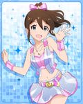  artist_request belt blue_eyes brown_hair cuffs hair_ribbon idolmaster idolmaster_million_live! jewelry looking_at_viewer million_dreams navel necklace official_art ponytail ribbon satake_minako skirt smile solo 