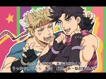  bad_id bad_pixiv_id black_hair blonde_hair caesar_anthonio_zeppeli facial_mark fingerless_gloves gloves green_eyes jojo_no_kimyou_na_bouken joseph_joestar_(young) multiple_boys parody paw_pose rokuharu scarf translated 