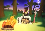  acethebigbadwolf anthro armor bandage campfire canine fire forest male mammal moon nanook rock sword tree weapon wolf 