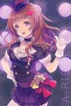  :d ame_yamori brown_hair choker epaulettes garrison_cap garter_straps gloves hair_ornament hand_on_hip hat index_finger_raised love_live! love_live!_school_idol_project open_mouth purple_eyes shocking_party smile solo white_gloves yuuki_anju 