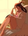 1girl barefoot bleach bleach:_epilogue book bra breasts butterfly_hair_ornament commentary english_commentary folded_ponytail hair_between_eyes hair_ornament haori head_rest highres japanese_clothes kuchiki_rukia long_hair m1rimorinku open_book pillow pink_bra reading signature sitting small_breasts solo taichou_haori underwear white_haori 