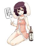  :d alcohol animal_ears animal_print babydoll bangs bare_shoulders black_hair blush bottle bottomless bunny_ears bunny_print bunny_tail flat_chest frills groin head_tilt holding inaba_tewi index_finger_raised looking_at_viewer navel open_mouth red_eyes sake seiza short_hair simple_background sitting sketch smile solo speech_bubble tail touhou translation_request underwear underwear_only wakamezake wavy_hair white_background yunuki_uta 