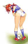  adjusting_clothes adjusting_shorts ass ball bent_over breasts cleats demon_girl demon_horns from_behind horns kneepits large_breasts long_hair nishii_(nitroplus) nitroplus official_art pigeon-toed pointy_ears red_eyes red_hair satan_(the_seven_deadly_sins) short_shorts shorts soccer_ball soccer_uniform socks solo sportswear the_seven_deadly_sins wristband 