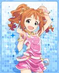  :d alternate_costume artist_request blue_background bracelet brown_hair green_eyes idolmaster idolmaster_(classic) idolmaster_million_live! jewelry jpeg_artifacts million_dreams necklace official_art open_mouth smile takatsuki_yayoi twintails wristband 
