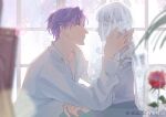  1boy absurdres adam's_apple art_room bust_(sculpture) chinese_commentary closed_mouth collared_shirt commentary_request from_side highres long_sleeves looking_at_object love_and_deepspace male_focus nose parted_bangs purple_eyes purple_hair rafayel_(love_and_deepspace) rounded_collar sculpture shirt upper_body watermark weibo_username weibo_watermark white_shirt zhishuo418 