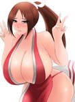  1girl bare_shoulders blush breasts brown_hair double_v fatal_fury female gigantic_breasts huge_breasts king_of_fighters leaning_forward long_hair long_ponytail ninja ogura_anko ponytail purple_eyes shiranui_mai simple_background solo standing v white_background 