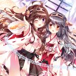  :d ;d ahoge beamed_eighth_notes black_hair brown_eyes brown_hair carrying cup curtains detached_sleeves dutch_angle eighth_note hair_ornament hairband hairclip haruna_(kantai_collection) holding kantai_collection kongou_(kantai_collection) long_hair looking_at_viewer multiple_girls music_box musical_note nogi_takayoshi nontraditional_miko one_eye_closed open_mouth pleated_skirt purple_eyes quarter_note ribbon-trimmed_sleeves ribbon_trim skirt smile teacup window 