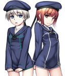  blue_eyes blush breasts brown_eyes brown_hair dress dress_tug h_kasei hat kantai_collection looking_at_viewer multiple_girls open_mouth sailor_collar sailor_dress sailor_hat short_hair silver_hair small_breasts smile z1_leberecht_maass_(kantai_collection) z3_max_schultz_(kantai_collection) 