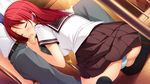  1girl blue_panties censored classroom closed_eyes fellatio game_cg hair_ornament hetero hoshi_ori_yume_mirai iizuki_tasuku kneeling mosaic_censoring oral panties pantyshot pantyshot_(kneeling) penis pleated_skirt red_hair school_uniform serafuku sitting skirt sweat underwear yukimura_touko 