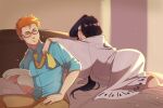  1boy 1girl black_hair bleach bleach:_epilogue book commentary english_commentary hair_over_one_eye haori hetero highres holding holding_book japanese_clothes jewelry kneeling kuchiki_rukia kurosaki_ichigo light_particles long_hair looking_at_viewer m1rimorinku naughty_face necktie orange_eyes orange_hair purple_eyes ring signature sitting taichou_haori wedding_ring white_haori wide_sleeves yellow_necktie 