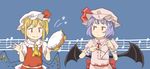  :&lt; bat_wings beamed_eighth_notes blonde_hair blue_hair chii-kun_(seedyoulater) eighth_note fangs flandre_scarlet hat instrument multiple_girls musical_note quarter_note red_eyes remilia_scarlet side_ponytail smile tambourine touhou triangle wings 