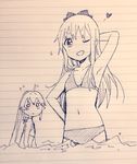  ahoge ballpoint_pen_(medium) bikini long_hair monochrome multiple_girls namori o_o ocean one_eye_closed sugiura_ayano swimsuit toshinou_kyouko traditional_media twintails upright_ahoge yuri yuru_yuri 