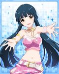  :d armlet artist_request blue_background blue_hair bracelet brown_eyes bustier idolmaster idolmaster_million_live! jewelry kitakami_reika long_hair looking_at_viewer midriff million_dreams navel necklace official_art open_mouth outstretched_arms smile twintails 